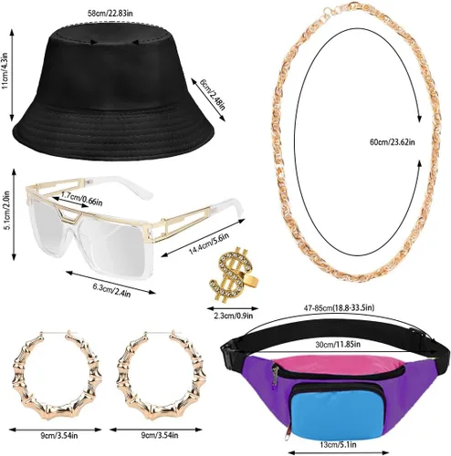 Vista 2 de Traje de los años 80 y 90 para mujer, camiseta de béisbol, pantalones cortos, riñonera, disfraz de fiesta retro, accesorios de representante