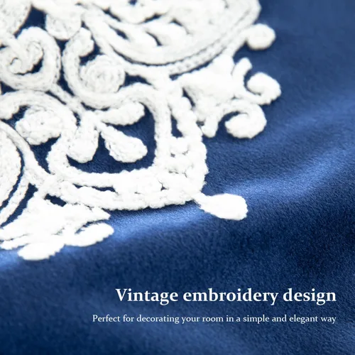 Vista 8 de VOGOL Funda de almohada de terciopelo suave de estilo vintage, elegante patrón floral bordado, funda de cojín cuadrada para cama, sala de estar, Azul