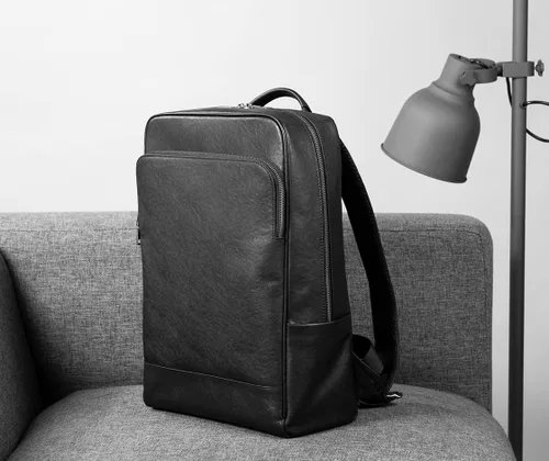 Vista 7 de Mochila para portátil de cuero genuino de 15.6 pulgadas para hombres y mujeres, mochila de viaje de negocios, mochila de senderismo (1#negro)