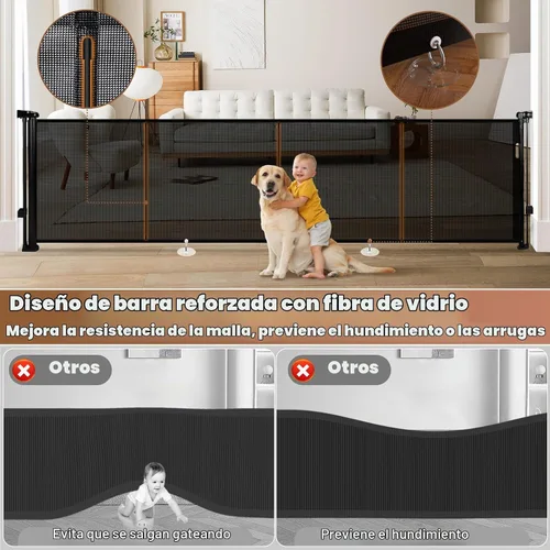 Vista 4 de Puerta retráctil para bebés de 120" extra ancha, puerta retráctil para perros de 41" de altura para escaleras, puertas, terrazas, puerta de malla