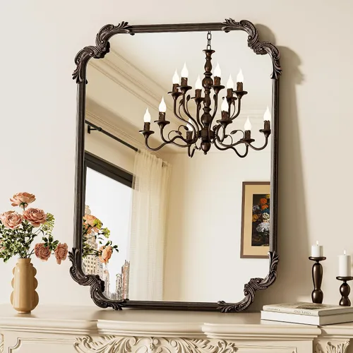 Vista 36 de Espejo rectangular negro barroco vintage para pared, 22 x 30 pulgadas, marco de desplazamiento antiguo, espejo de manto francés para chimenea, baño