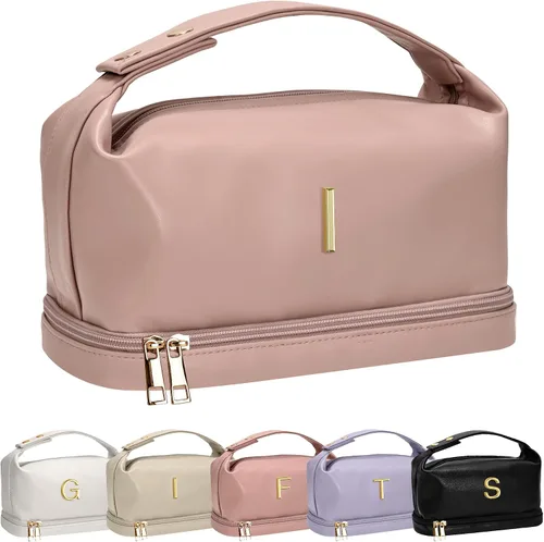 Vista 72 de Bolsa de maquillaje con asa, bolsa de cosméticos impermeable de doble capa, bolsas de maquillaje de cuero PU de gran capacidad con letra, bolsa