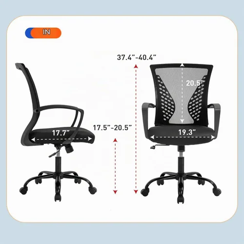 Vista 3 de Silla de oficina ergonómica de malla para computadora BestOffice, con reposabrazos, soporte lumbar, respaldo medio, giratoria, ajustable, para Negro