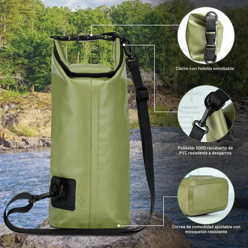 Vista 5 de Bolsa seca impermeable de 2 litros, funda enrollable para teléfono de playa, bolsa seca ligera para natación, kayak, campamento, pesca, viajes, Verde