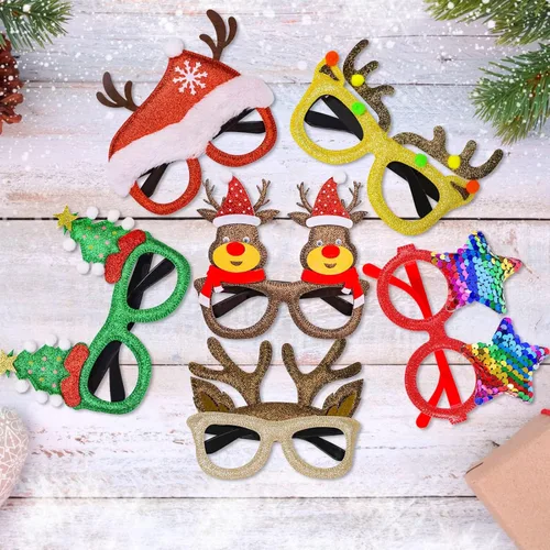 Vista 6 de Thuodo 12 lentes de Navidad con purpurina para fiestas, marcos de gafas de disfraz para fiestas de Navidad, vacaciones, cabina de fotos, gafas