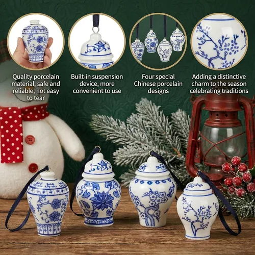Vista 3 de Goaste Paquete de 4 mini adornos de tarro de jengibre, colgante colgante de Navidad, adornos colgantes de cerámica chinoiserie, decoración de árbol