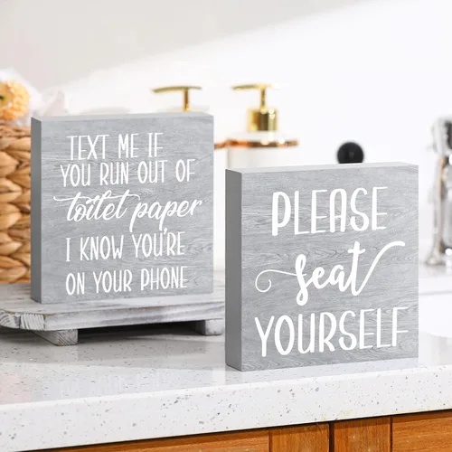 Vista 9 de Jetec 2 Piezas de Decoración de Señales de Baño de Granja, Señales de Madera Divertidas para Pared de Baño, Placa de Madera Rústica "Please Seat