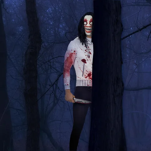 Vista 6 de Disfraz de Jeff el asesino, disfraces de Halloween aterradores para hombres y mujeres, incluye máscara de Jeff el asesino, cuchillo sangriento