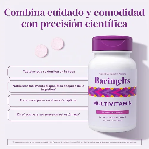 Vista 4 de BariMelts Multivitamin, vitaminas solubles para personas con sobrepeso, sin azúcar, sabor natural de frutas, sin OMG, tabletas de disolución rápida
