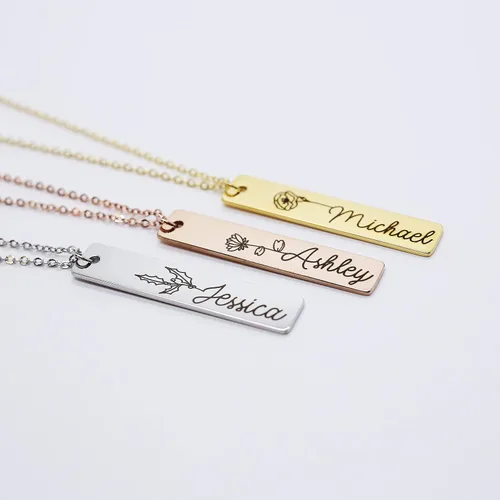 Vista 7 de Personalized Flower Name Bar Pendant Necklace Custom Engraved Jewelry Gift for Her Couples Girlfriend Delicate Handcrafted Accessory Mother Daughter
