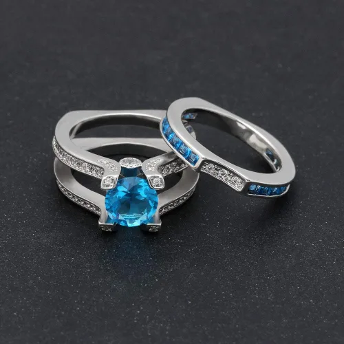 Vista 3 de UFOORO Juego de anillos de boda de cristal azul cielo para mujer, chapado en platino