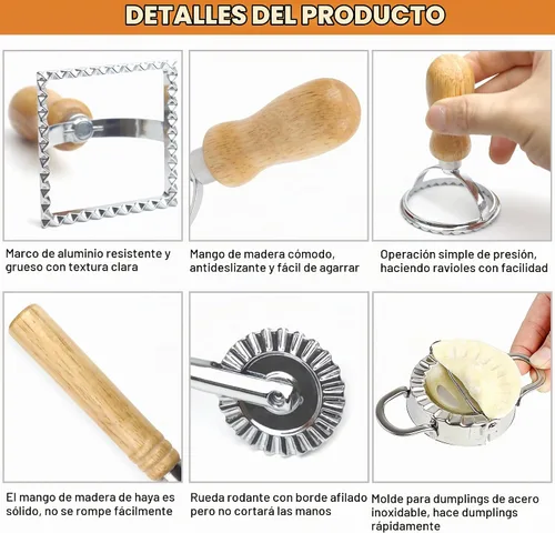 Vista 4 de Cortador de pasta de ravioles con rueda de rodillo (juego de 6), máquina de sellos para ravioles con mango de madera, herramientas de prensa
