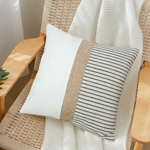 Vista 3 de JASEN Juego de 2 fundas de almohada de granja de 18 x 18 pulgadas, fundas de almohada cuadradas modernas, decorativas, de retazos, a rayas negras