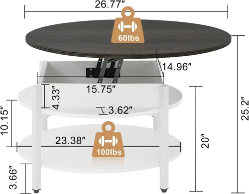 Vista 3 de FABATO Mesa de Centro Redonda con Tapa Elevable con Almacenamiento y Compartimento Oculto, 26.77'' Mesa de Centro Estilo Granja para Sala de Estar