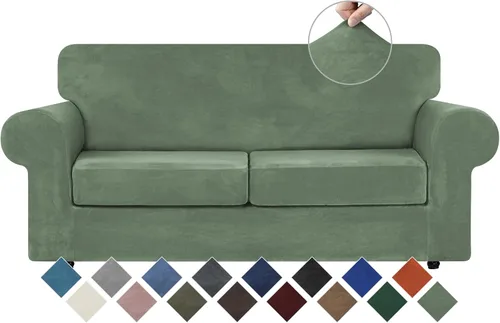 Vista 15 de WEERRW 4 Piezas Fundas de Terciopelo de Alta Elasticidad para Sofá de 3 Cojines Fundas de Sofá, Protector de Muebles Lavable con Parte Inferior