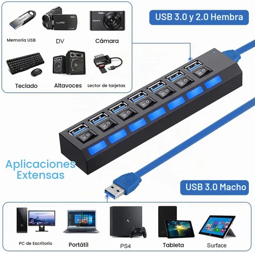 Vista 9 de vienon Hub 3.0, extensor USB de 7 puertos con interruptores LED individuales de encendido/apagado, concentrador USB3.0 para laptop, PC, MacBook, Mac