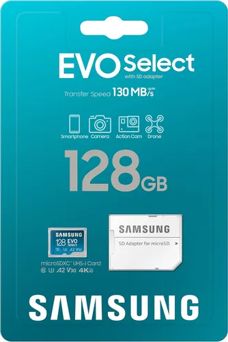 Vista 3 de SAMSUNG EVO Select Micro SD-Tarjeta de memoria + adaptador, 128 GB microSDXC 130 MB/s Full HD y 4K UHD, UHS-I, U3, A2, V30, almacenamiento ampliado