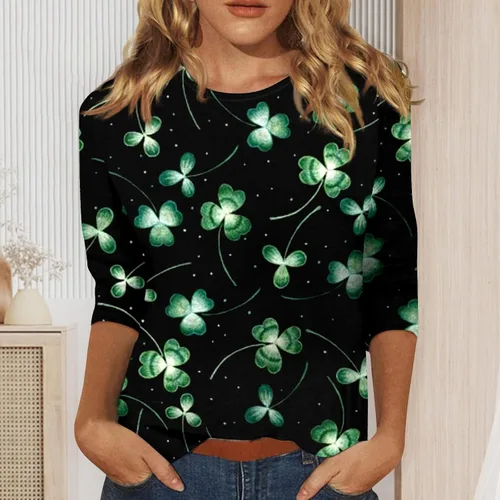Vista 2 de Camisa del día de San Patricio, camisetas de manga 34 para mujer, camisetas irlandesas del día de San Patricio, camisetas estampadas con trébol