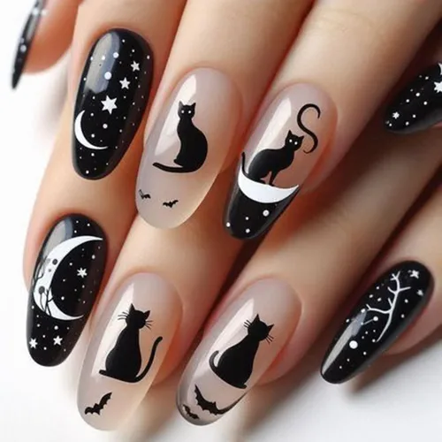 Vista 20 de Uñas postizas a presión para Halloween, cuadradas, cortas, con diseños de bosque lunar, uñas postizas con pegamento oscuro brillante en las uñas