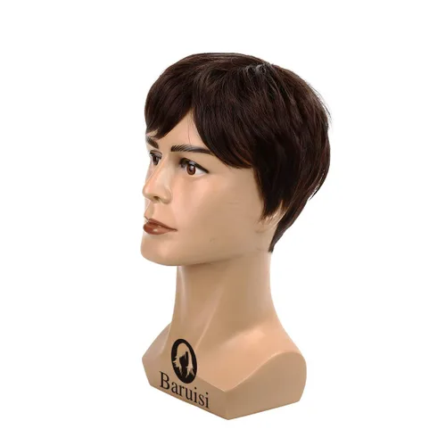 Vista 2 de Peluca corta marrón para hombre, cabello natural, repuesto sintético, disfraz de Halloween, pelucas completas Marrón oscuro