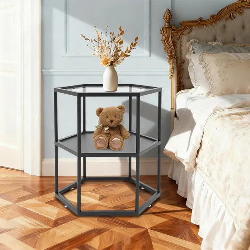 Vista 7 de Mesa auxiliar, mesas de centro modernas con almacenamiento de 2 niveles con marco de metal, mesa central de vidrio hexagonal para sala de estar
