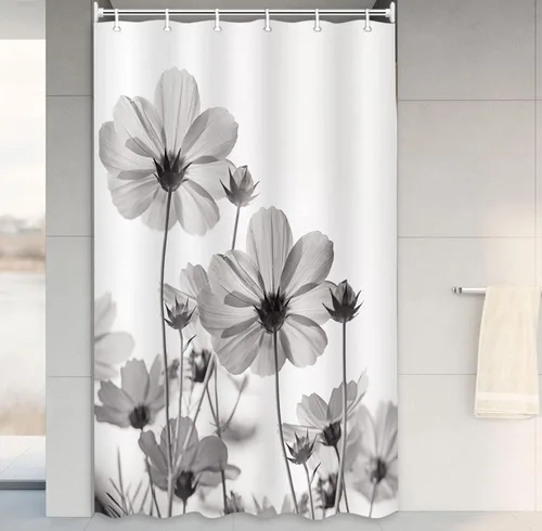Vista 15 de MERCHR Cortina única floral azul para decoración de baño, cortina de ducha estilo granja con flores de margarita azul y gris elegantes y diseño