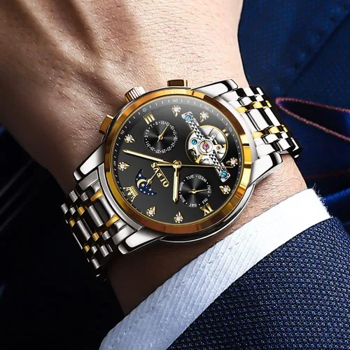 Vista 2 de OLEVS Relojes automáticos para hombre, esqueleto Tourbillon, reloj de pulsera de lujo con diamantes de cuerda automática, acero inoxidable