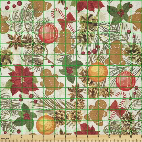 Vista 2 de Ambesonne Tela Navideña por Yarda, Tema Navideño Colorido Vivo Piñas de Pino Ramas Hombre de Jengibre Imagen de Bayas Estampada, Tela de Punto