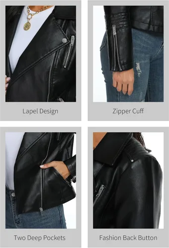 Vista 5 de Fahsyee - Chaqueta de cuero sintético para mujer, chaquetas veganas estilo motociclista