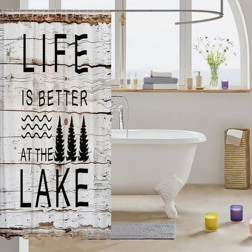 Vista 3 de Castle Fairy Lake Life - Cortina de ducha con silueta de árboles, juego de cortina de ducha para niños y adultos, cortina de baño de campamento