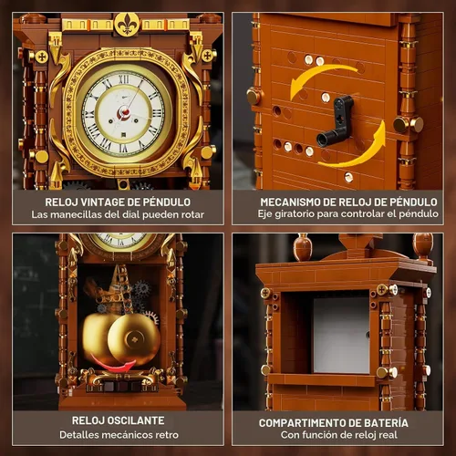 Vista 2 de Vziimo Juego de bloques de construcción de reloj retro, kit de modelo de reloj de péndulo vintage con reloj funcional real, juguetes de regalo