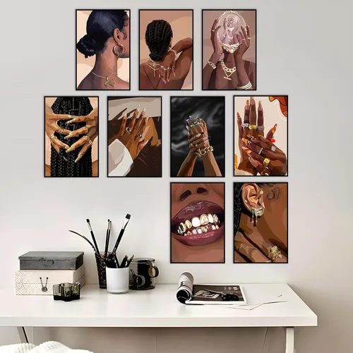 Vista 6 de VejiA Impresión artística femenina negra, pintura de pared de estilo bohemio, pintura decorativa abstracta de mujer afroamericana, adecuada