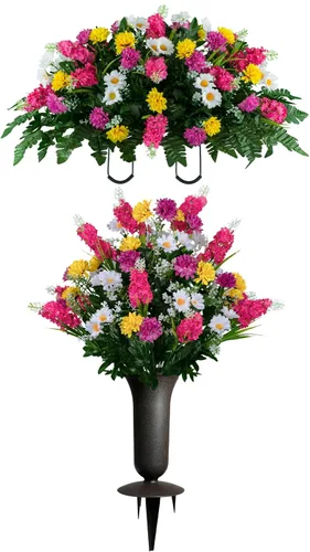 Vista 17 de Sympathy Silks Flores artificiales para cementerios – Decoraciones para tumbas - 1 ramo de flores silvestres de violeta púrpura y naranja, 1 montura