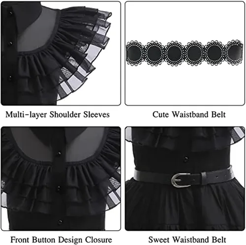 Vista 4 de QWFWBSM Wednesday Addams - Vestido de disfraz para niñas, disfraz de Halloween con accesorios, 4-12 años