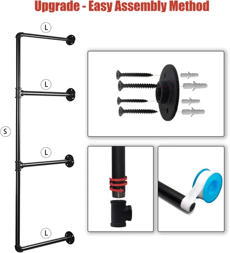 Vista 6 de Jolitac Estante de tubo industrial para almacenamiento en el hogar, soporte para colgar en la pared, estante flotante de tubo de hierro retro negro