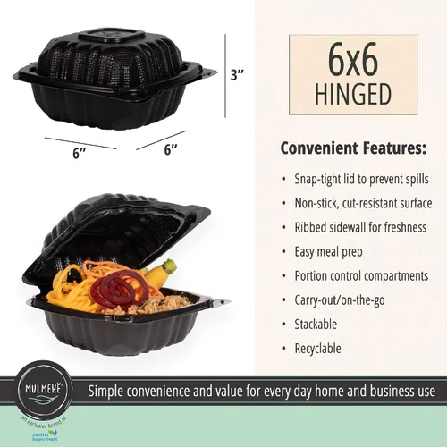 Vista 2 de MULMEHË Recipientes de comida para llevar con bisagras de plástico de polipropileno relleno mineral ecológico, 6 x 6 x 3, compartimento único