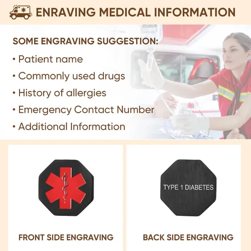 Vista 100 de VNOX Collar con colgante personalizado de acero inoxidable con grabado personalizado para identificación de alerta médica de emergencia para hombres
