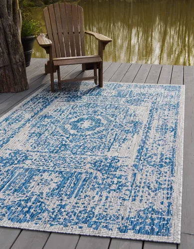 Vista 13 de Unique Loom Alfombra de la colección tradicional para exteriores, desgastada durante el tiempo (octágono de 5 pies y 3 pulgadas, azul/gris)