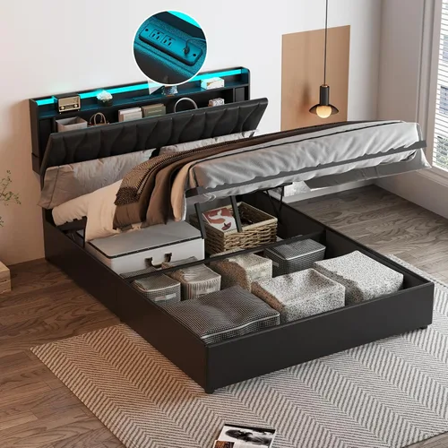 Vista 9 de Fameill - Base de cama tamaño matrimonial con plataforma de almacenamiento abatible, cabecero con altura ajustable y estación de carga, cama