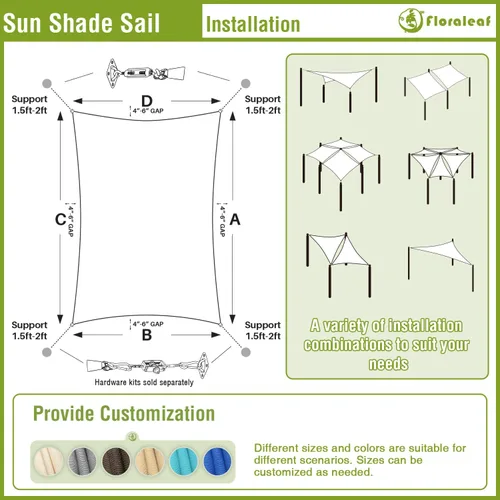 Vista 7 de Toldo rectangular de 11 x 11 pies, parasol resistente con cable de alambre y anillo en forma de A, toldo con bloqueo UV para patio, patio, césped