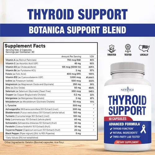 Vista 3 de NEW AGE Suplemento de apoyo tiroideo para mujeres y hombres con yodo, B12, zinc, selenio, ashwagandha, vejiga, cúrcuma, Schisandra, sin OMG, 60