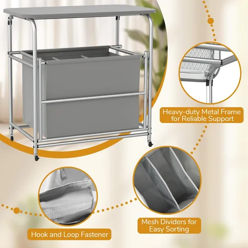 Vista 5 de COSTWAY Cesta de lavandería con tabla de planchar, carrito de lavandería con 3 secciones inclinables con 3 bolsas extraíbles separadas, ruedas