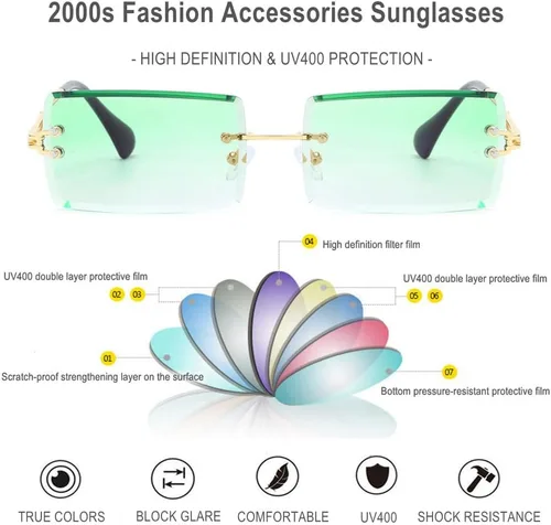 Vista 2 de BAWUYI Gafas de sol rectangulares sin montura de los años 90 y 2000 para mujeres y hombres, accesorios Y2K, vintage, retro, sin marco, gafas