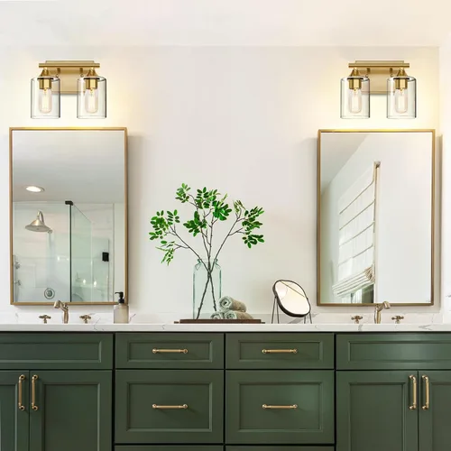 Vista 2 de Luces de Tocador Doradas para Baño, Accesorios de Iluminación de Baño de 2 Luces, Aplique de Pared de Latón Cepillado Dorado, Lámpara de Pared