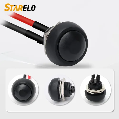 Vista 3 de STARELO 6 interruptores de botón momentáneos de 0.472 in, mini interruptor redondo impermeable SPST 3A 125V AC 2Pin 1NO con cable pre-soldado Negro