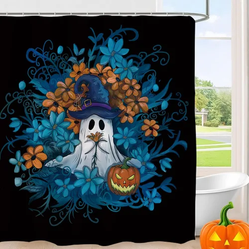 Vista 3 de GPGHE Cortina de ducha para decoración de Halloween, con 12 ganchos, 71 x 71 pulgadas
