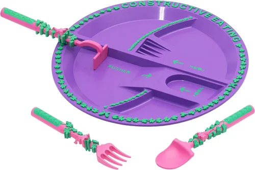 Vista 10 de Set de plato y utensilios para comer Constructive Eating con motivo de construcción, Amarillo y naranja