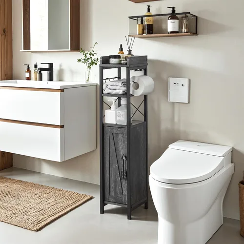 Vista 6 de VECELO Armario de baño pequeño, soporte delgado de papel higiénico con puerta y 2 estantes, organizador de almacenamiento estrecho mejorado