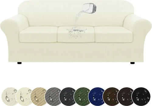 Vista 32 de Funda impermeable para silla con brazos, juego de 2 piezas, funda a rayas para 1 sofá separado con cojín en T, fundas de sillón de tela