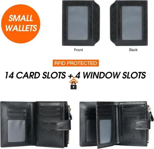 Vista 2 de MANBANG Billeteras de cuero para mujer, con bloqueo RFID, pequeña, plegable, con cremallera, bolsillo para tarjetas, con ventana de identificación